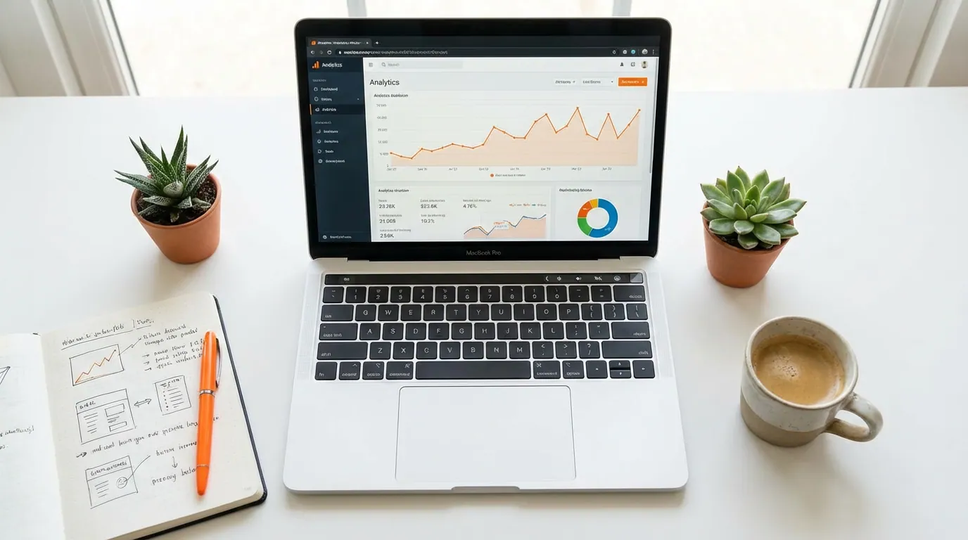 Clean content workspace with analytics screen and orange accessories.