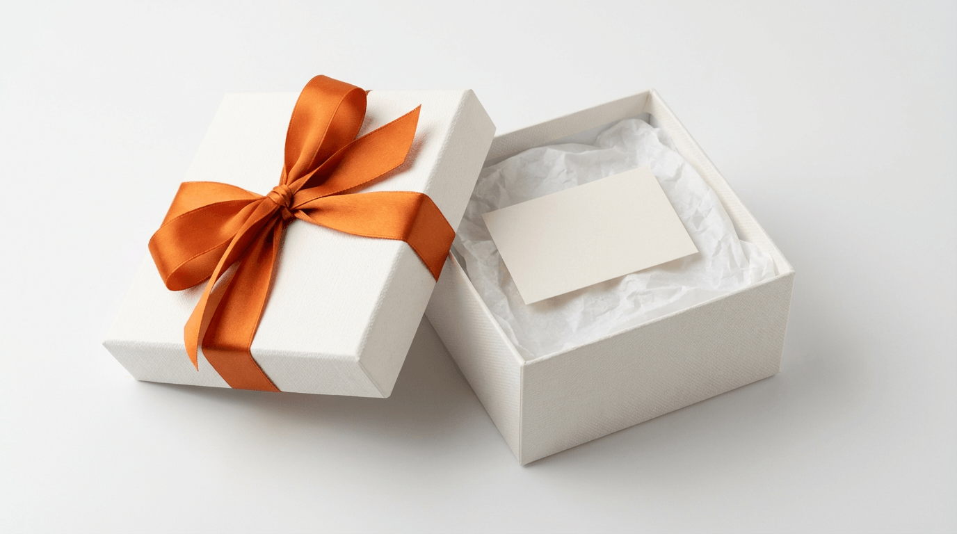 Premium ecommerce packaging with white box and orange ribbon.