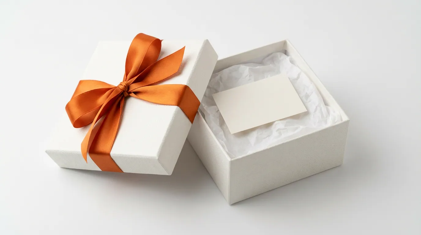 Premium ecommerce packaging with white box and orange ribbon.
