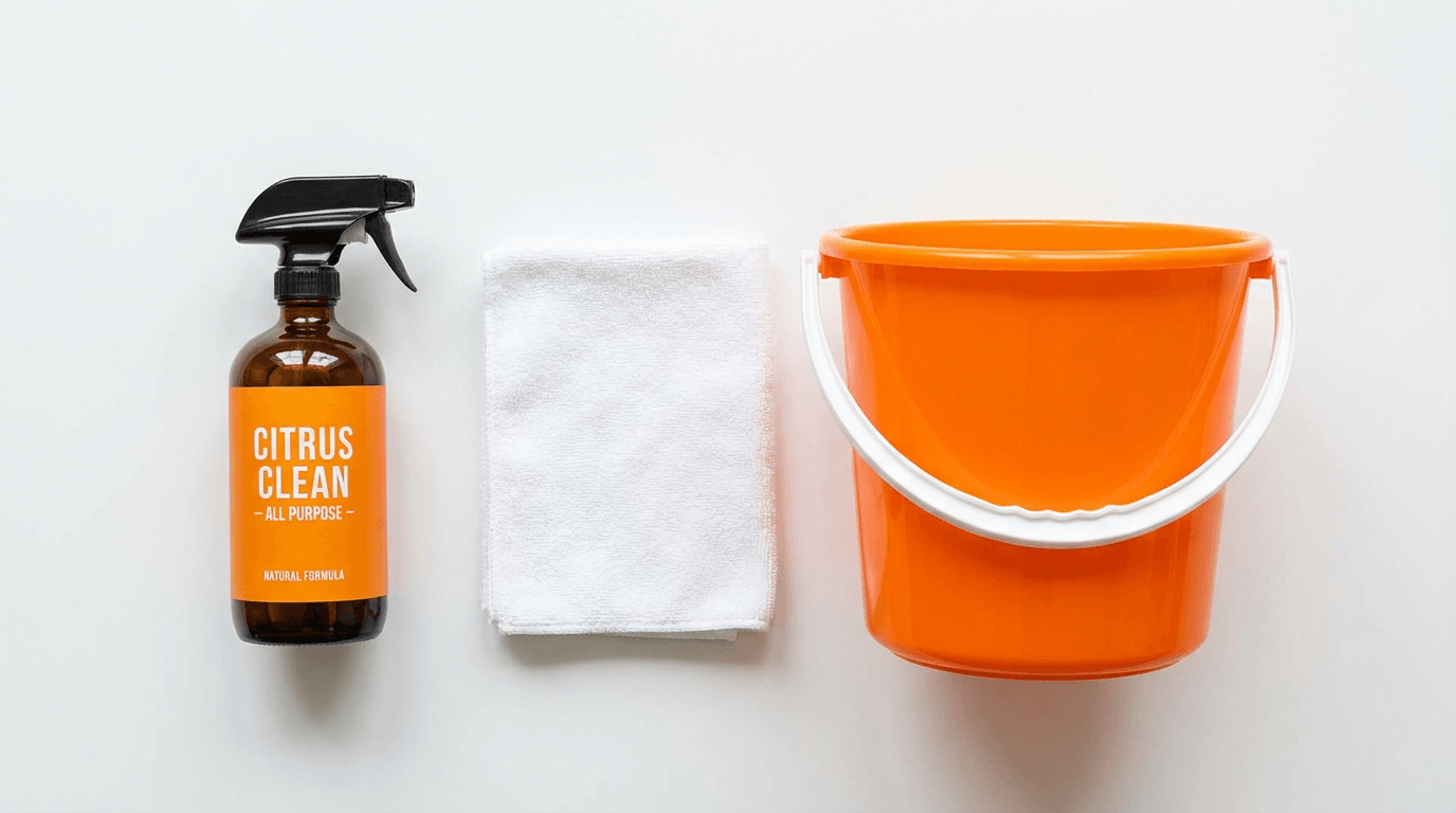 Top-down view of premium cleaning tools on white surface.