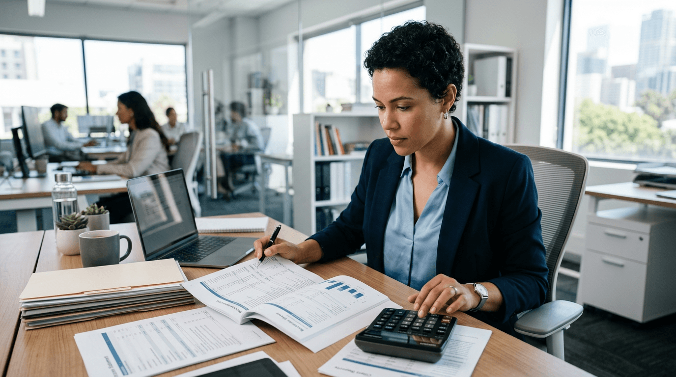 Doradca księgowy konsultujący strategię podatkowo-compliance z właścicielem firmy w otoczeniu zaufania