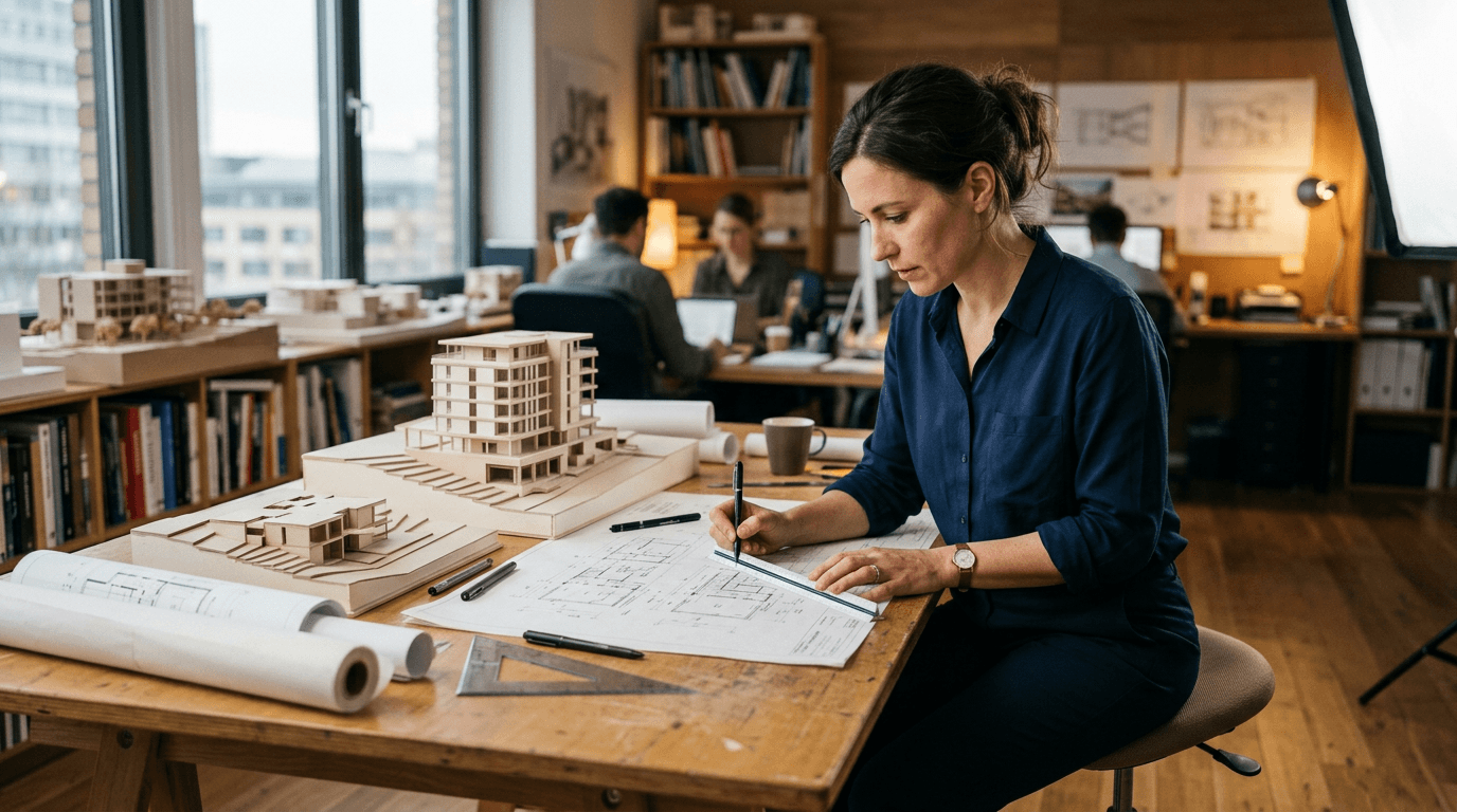 Architecture studio principal reviewing residential and commercial concept options with a client in a premium design office