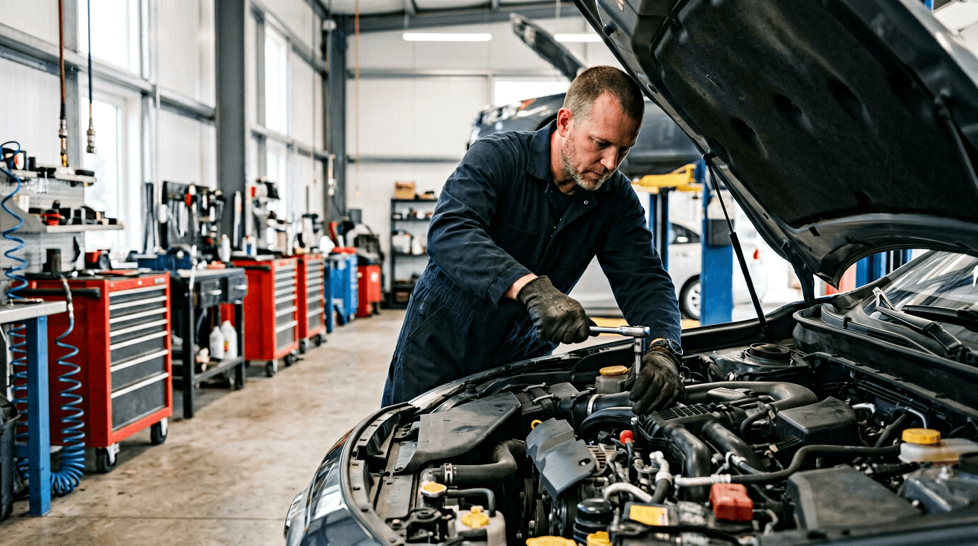 Auto repair technician diagnosing a vehicle issue with transparent process communication in a modern service bay