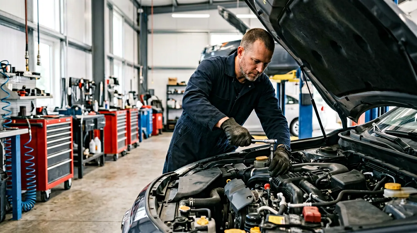 Auto repair technician diagnosing a vehicle issue with transparent process communication in a modern service bay