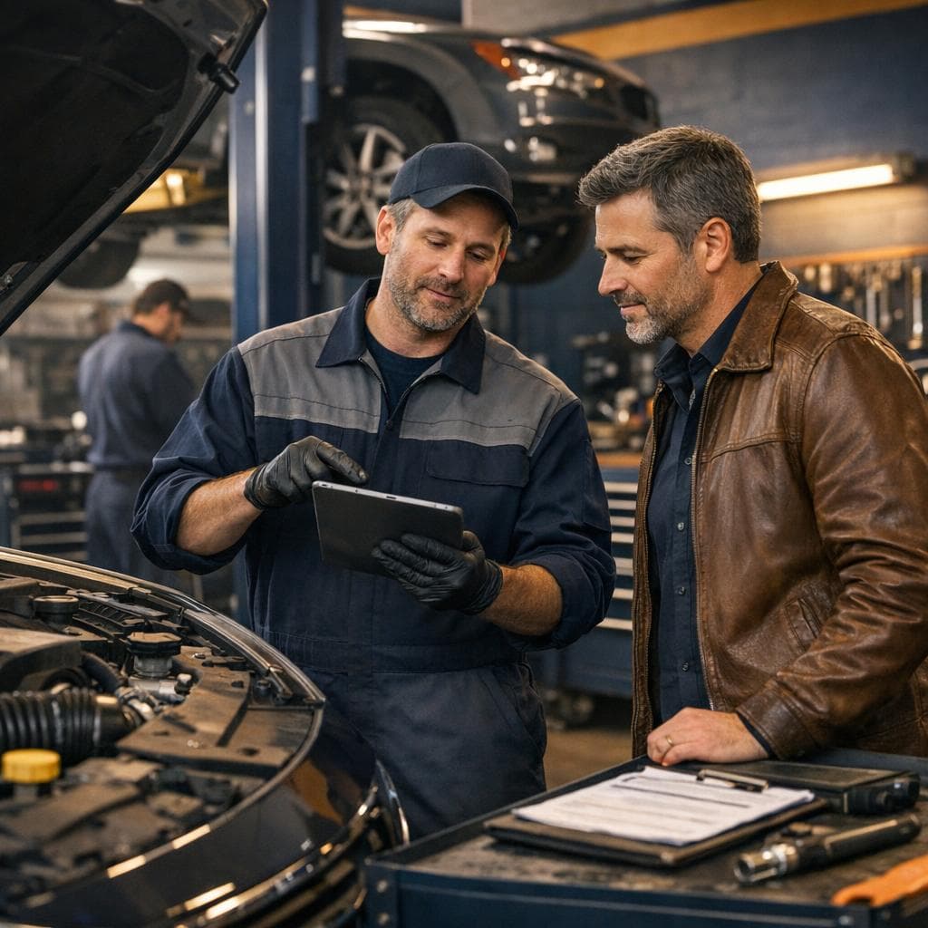 Automotive service workflow scene showing diagnostics, repair approval, and customer update process