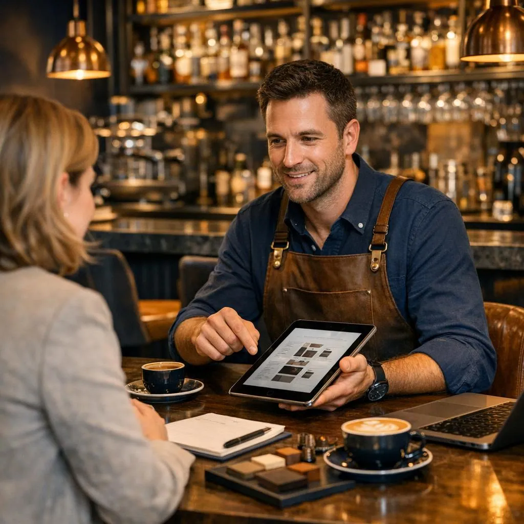 Cafe and bar service workflow scene with menu positioning, event timing, and local demand mapping