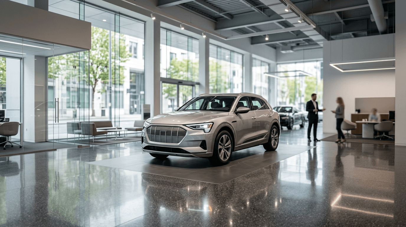 Doradca salonu samochodowego prezentujący ofertę pojazdów i opcje finansowania w nowoczesnym showroomie