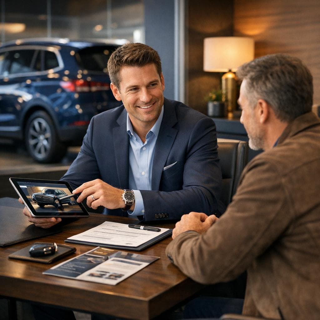 Scena procesu konwersji salonu: porównanie pojazdów, dopasowanie finansowania i plan jazdy testowej