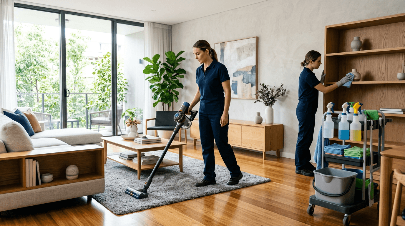 Professional cleaning team preparing a premium office interior with spotless surfaces and warm amber highlights