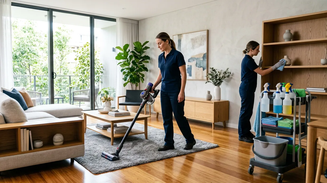 Professional cleaning team preparing a premium office interior with spotless surfaces and warm amber highlights