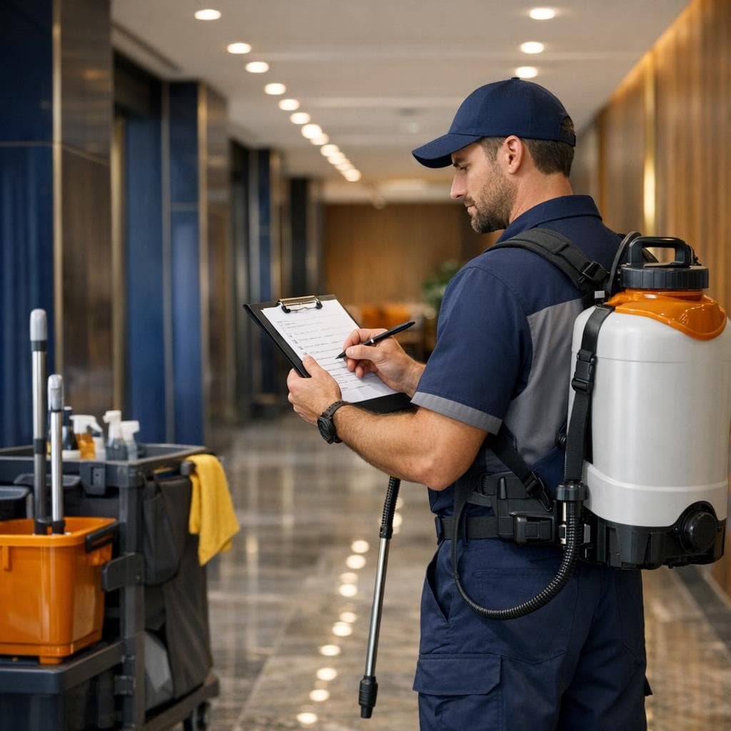 Scena sprzedażowego sprzątania z checklistą, wysokiej jakości sprzętem i eleganckim klimatem granatowo-bursztynowym