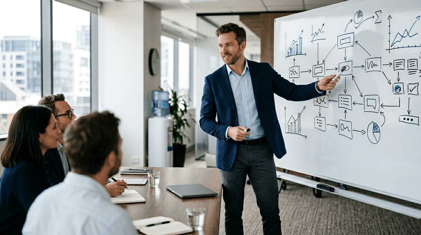 Consulting lead mapping specialist offer strategy with a leadership team in a premium business workshop context