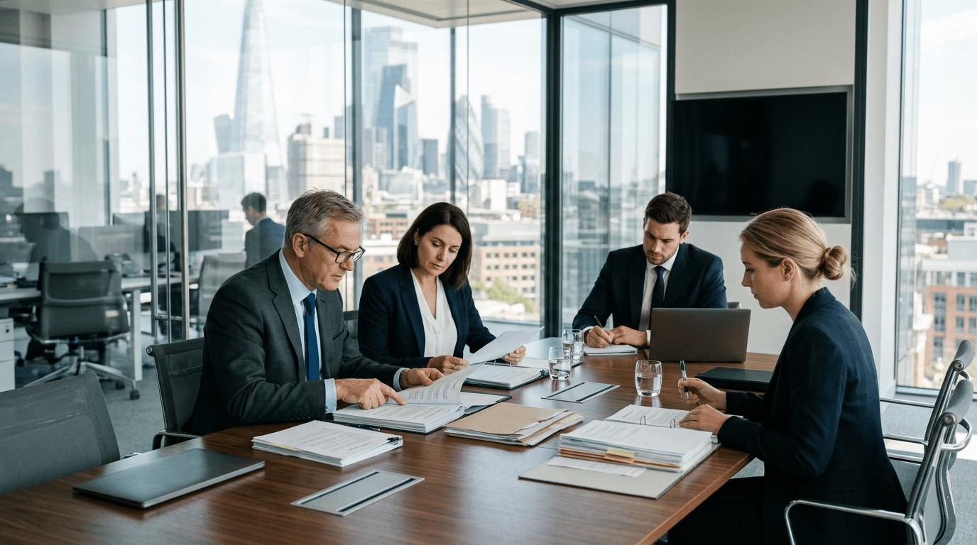 Corporate law advisor discussing contracts and company rules with executive client in a premium boardroom context