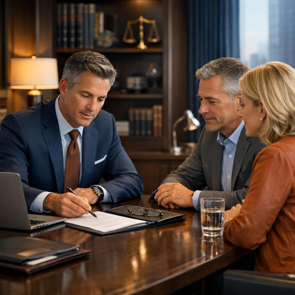 Corporate legal workflow scene with agreement review, risk mapping, and consultation planning process