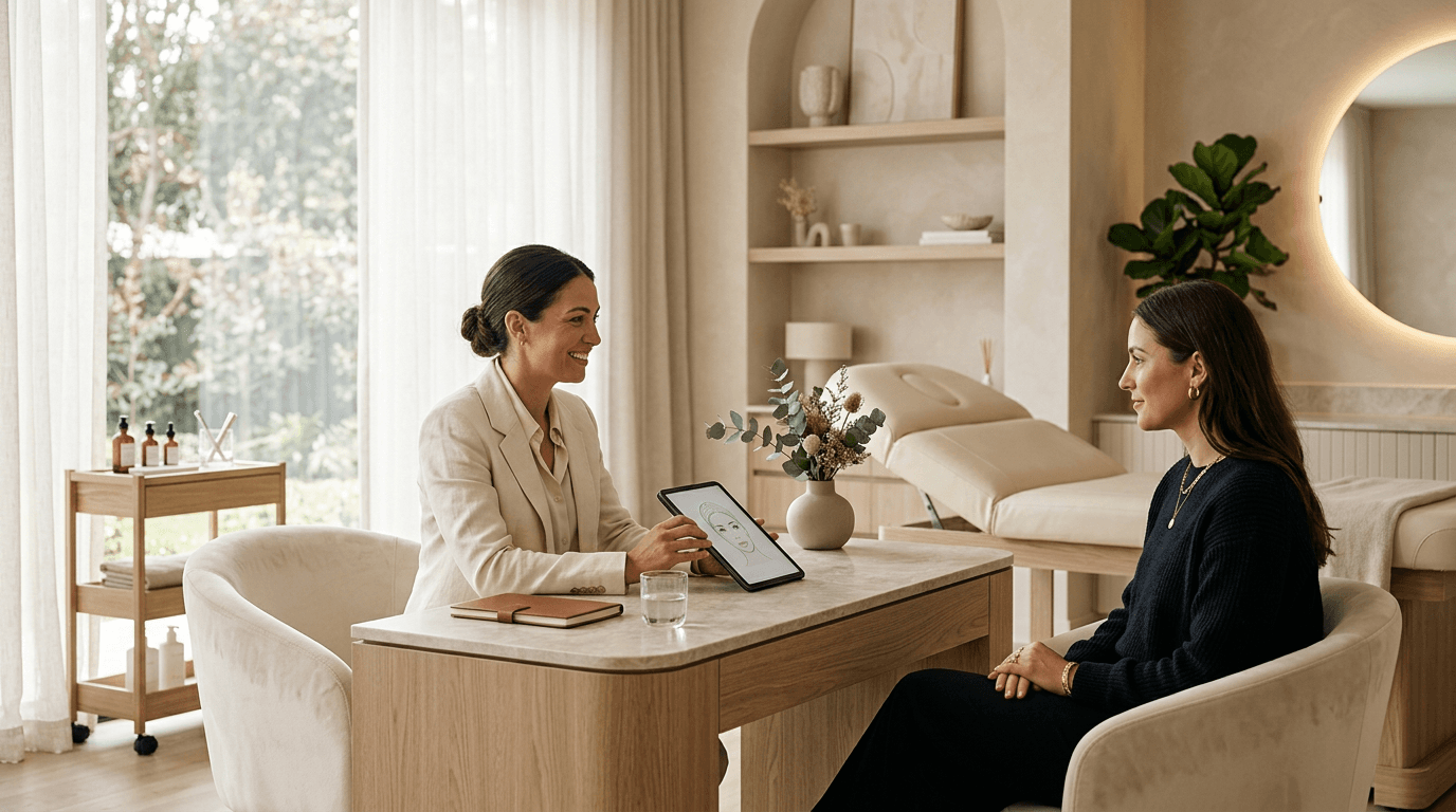 Cosmetic clinic specialist preparing a treatment consultation in a refined premium interior