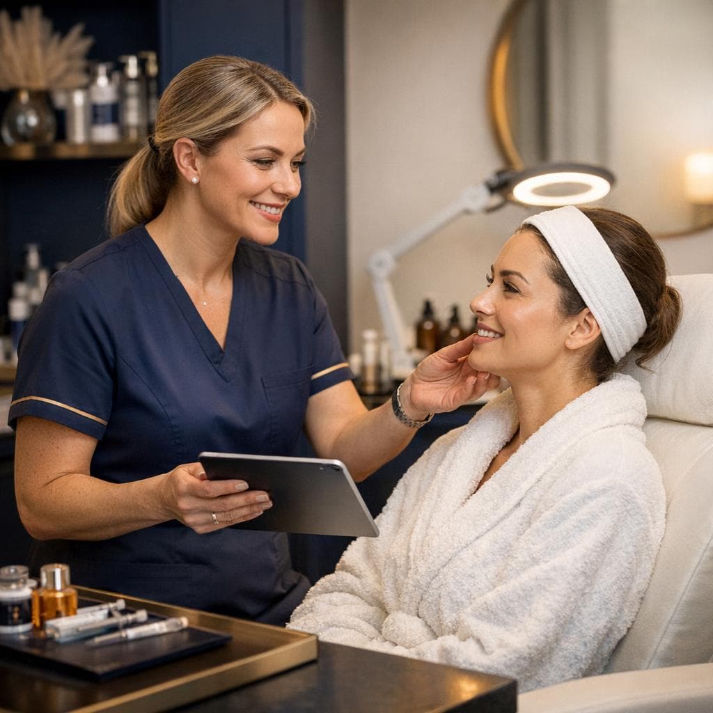 Aesthetic procedure planning scene with documented treatment path and patient safety discussion