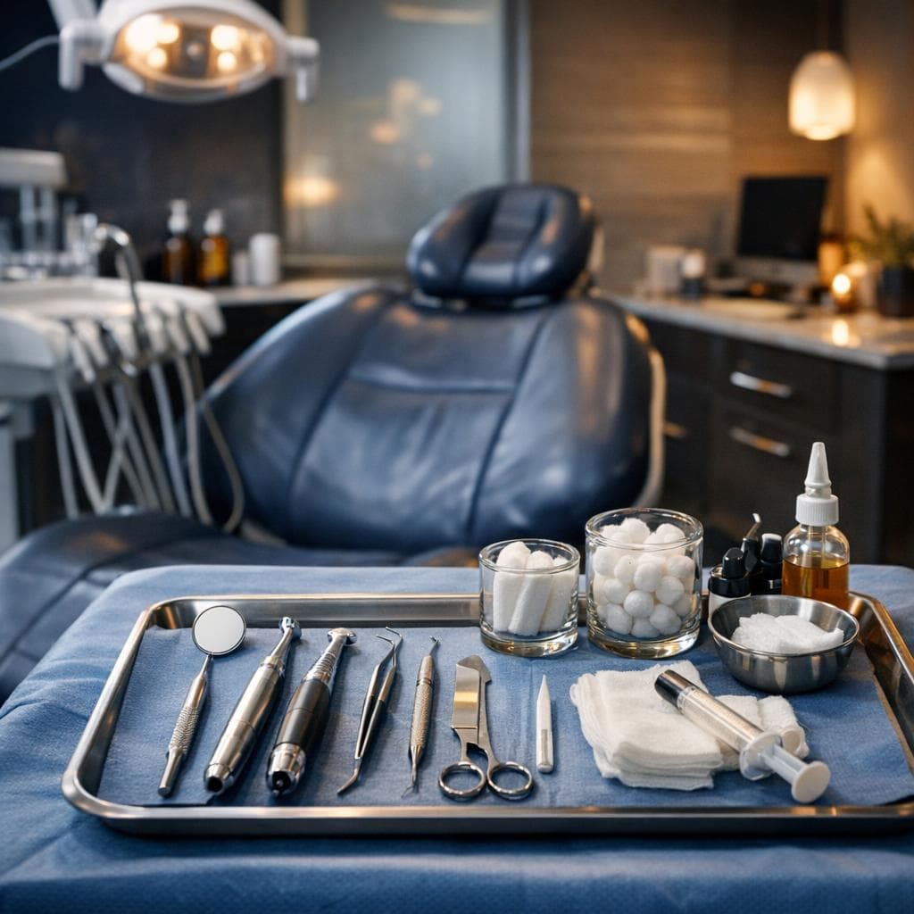 Dental procedure preparation scene with professional instruments, clean clinic aesthetics, and calm upscale atmosphere