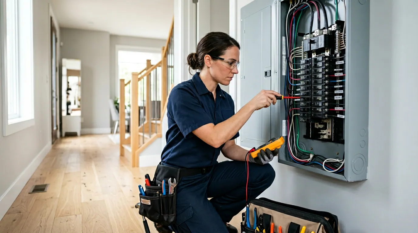 Licensed electrician testing a breaker panel in a premium residential setting with navy and amber color accents