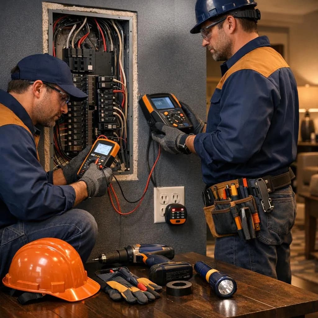 Electric service upgrade scene with circuit diagnostics, safety gear, and clean high-end workspace lighting