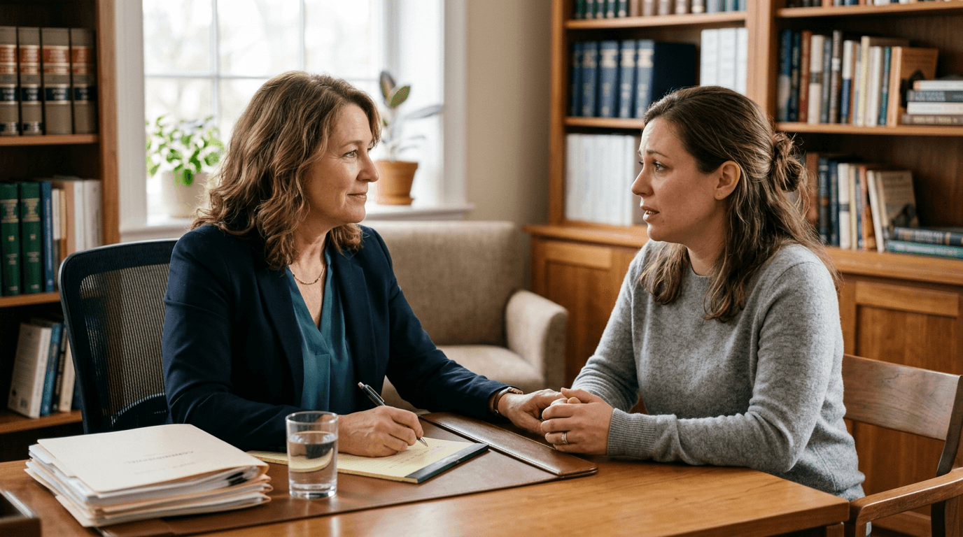 Prawnik prawa rodzinnego prowadzący klienta przez wrażliwe decyzje w spokojnym otoczeniu zaufania