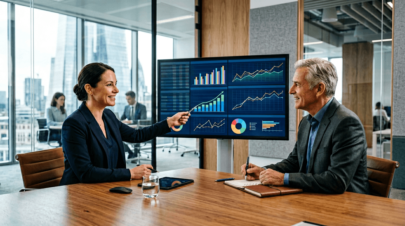 Financial advisor presenting retirement and investment roadmap to a client in a trust-focused premium setting