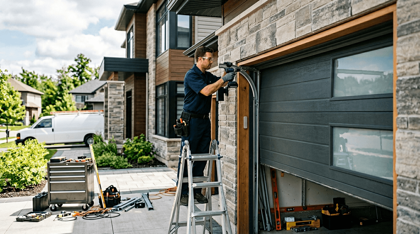 Garage door technician assessing emergency issue with safety-first explanation in a residential setting
