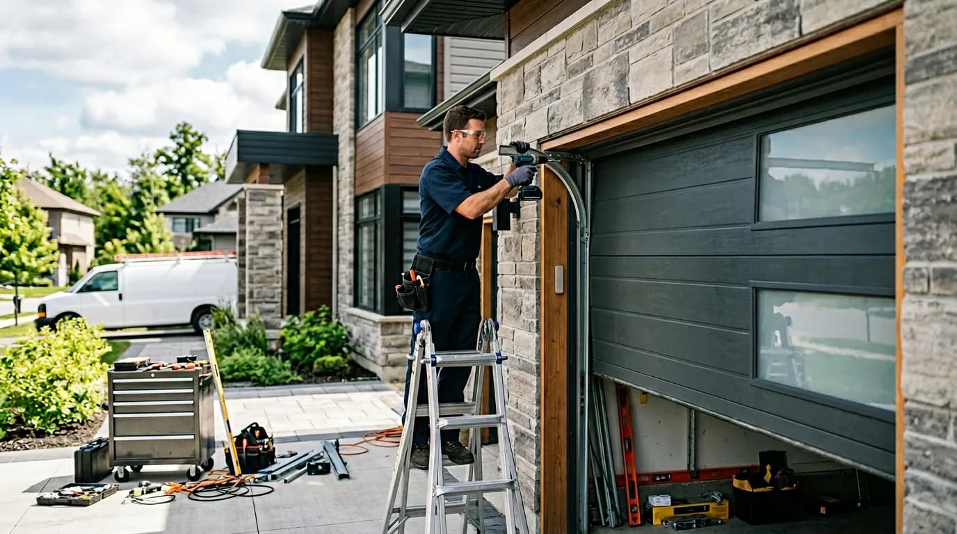 Garage door technician assessing emergency issue with safety-first explanation in a residential setting