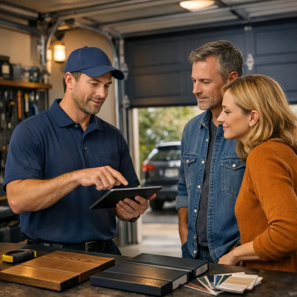 Garage door service workflow scene with diagnostics, repair options, and transparent customer guidance