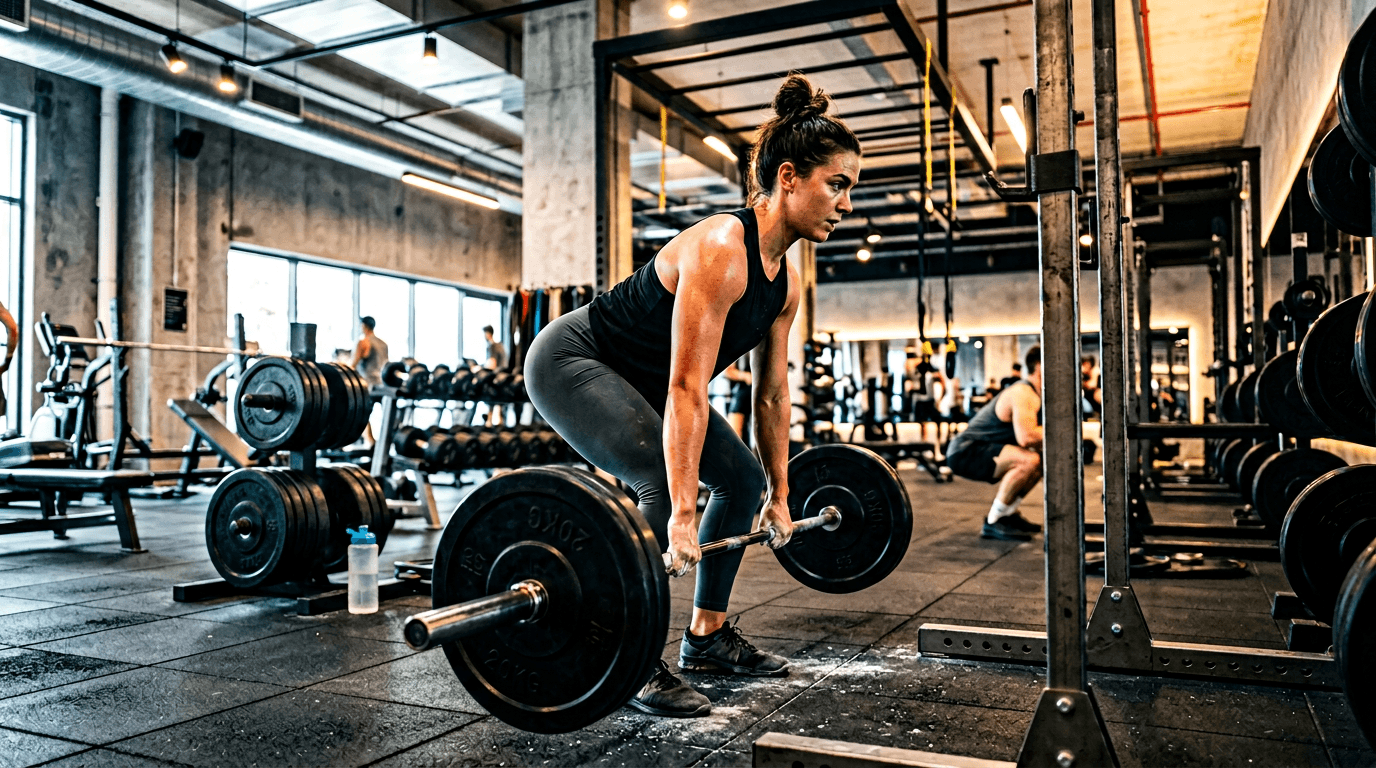 Fitness coach guiding a prospective member through training pathways in a premium gym environment