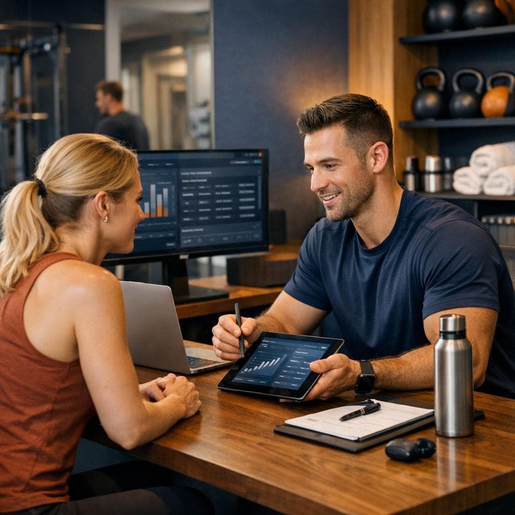 Gym conversion workflow scene with trial session, class schedule selection, and membership planning