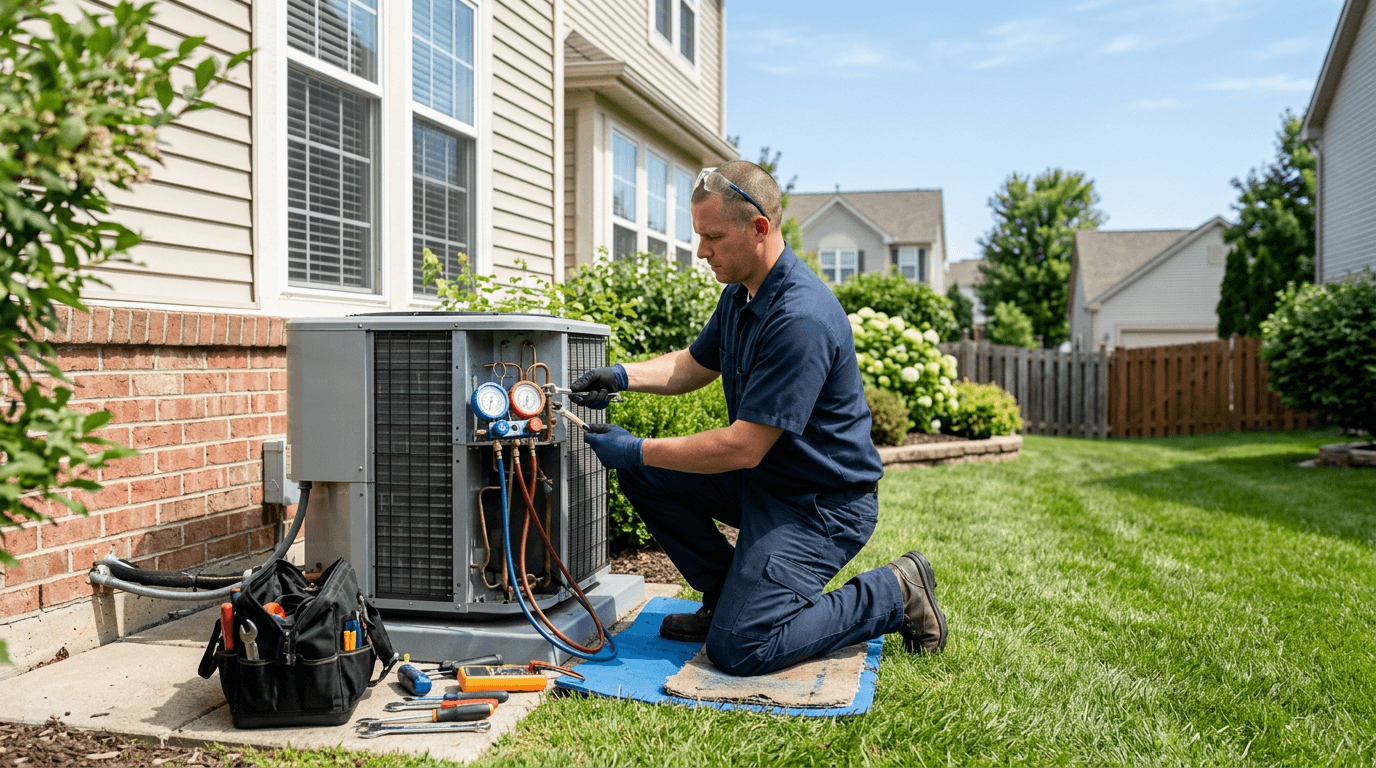 HVAC specialist calibrating climate controls in a contemporary home, with subtle navy and amber brand-inspired tones