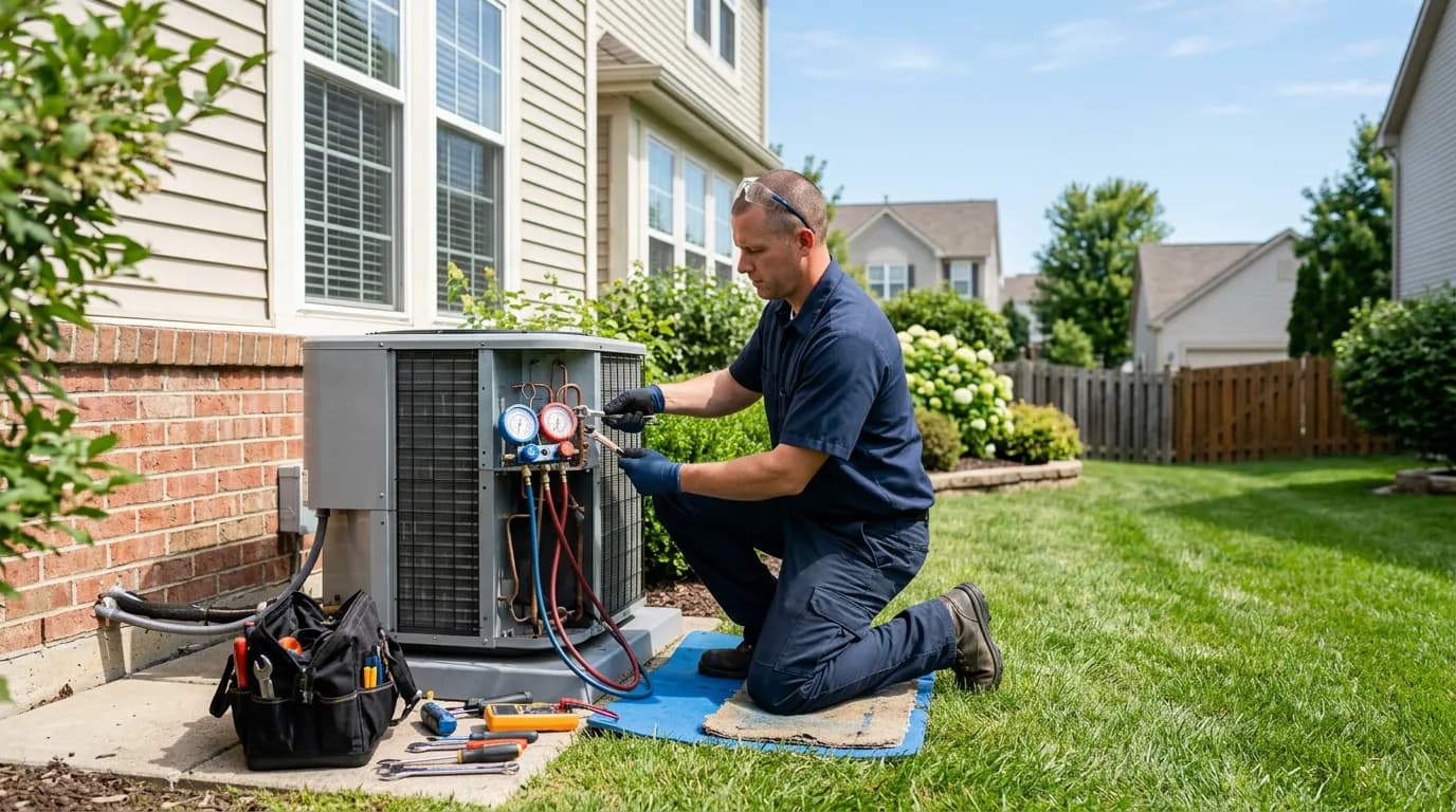 Specjalista HVAC kalibrujący sterowanie klimatem w nowoczesnym domu, z subtelnymi tonami granatu i bursztynu