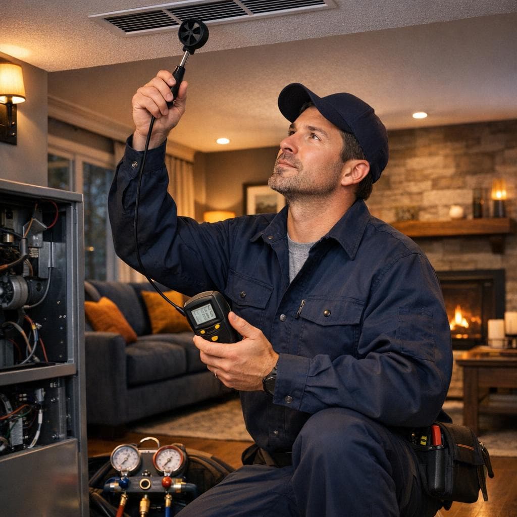 Home comfort service scene showing airflow diagnostics and seasonal heating-cooling equipment in a refined interior