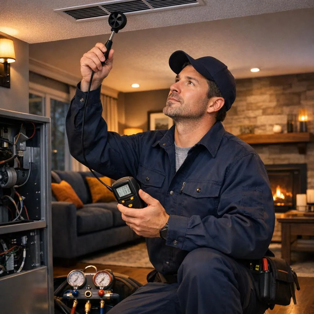 Home comfort service scene showing airflow diagnostics and seasonal heating-cooling equipment in a refined interior