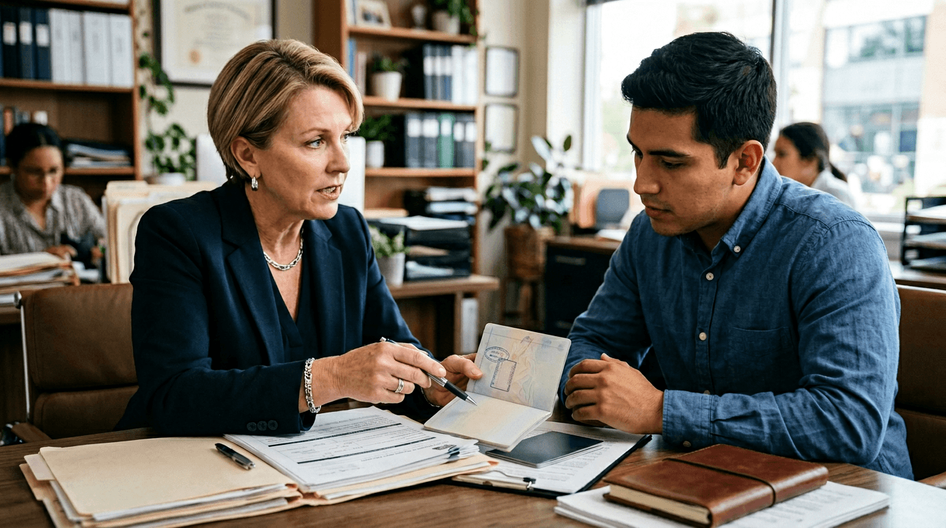 Immigration lawyer reviewing case documents with a client in a high-trust legal office setting