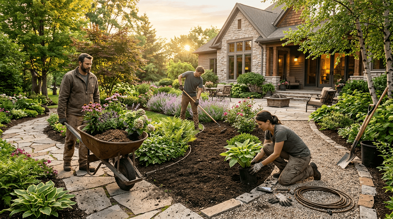 Landscaping team presenting a design-build garden concept with structured pathways and premium outdoor aesthetics