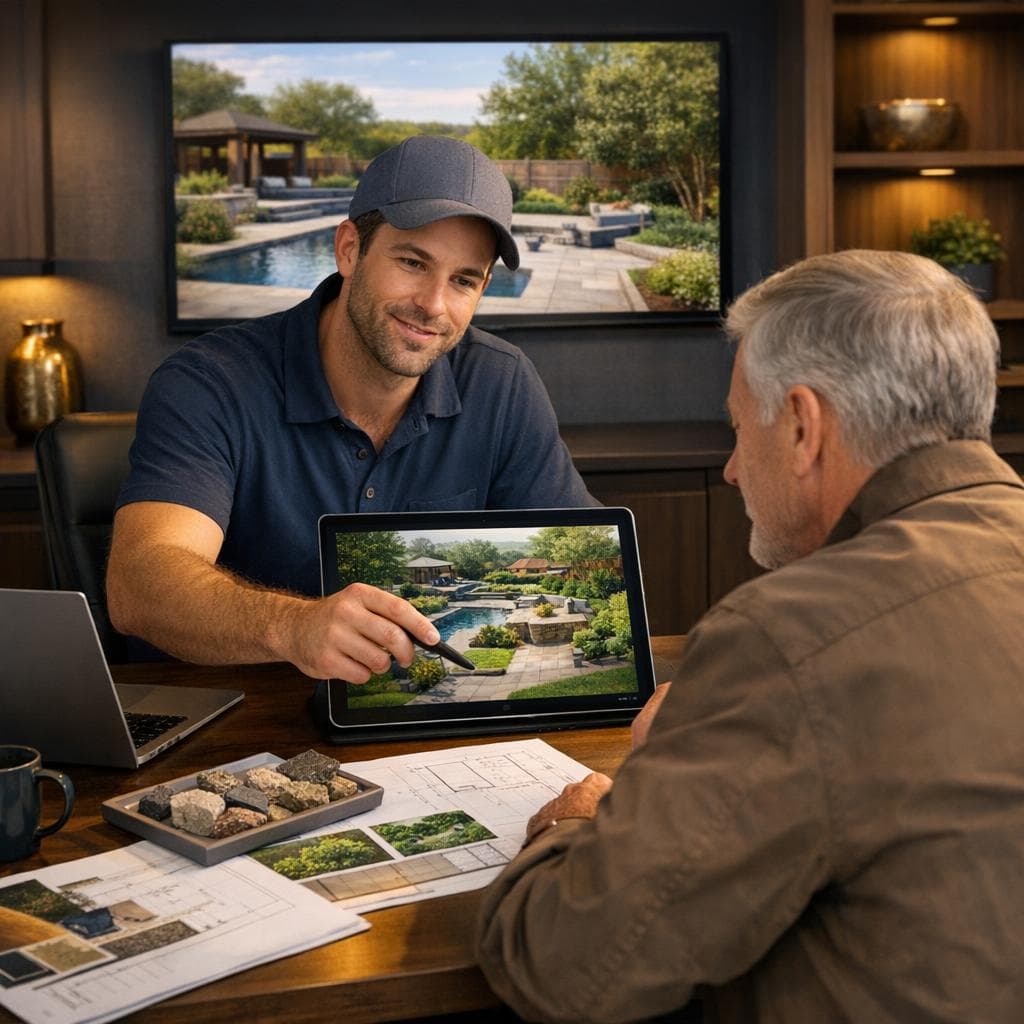 Landscape maintenance scene showing lawn care, trimming workflow, and organized service execution