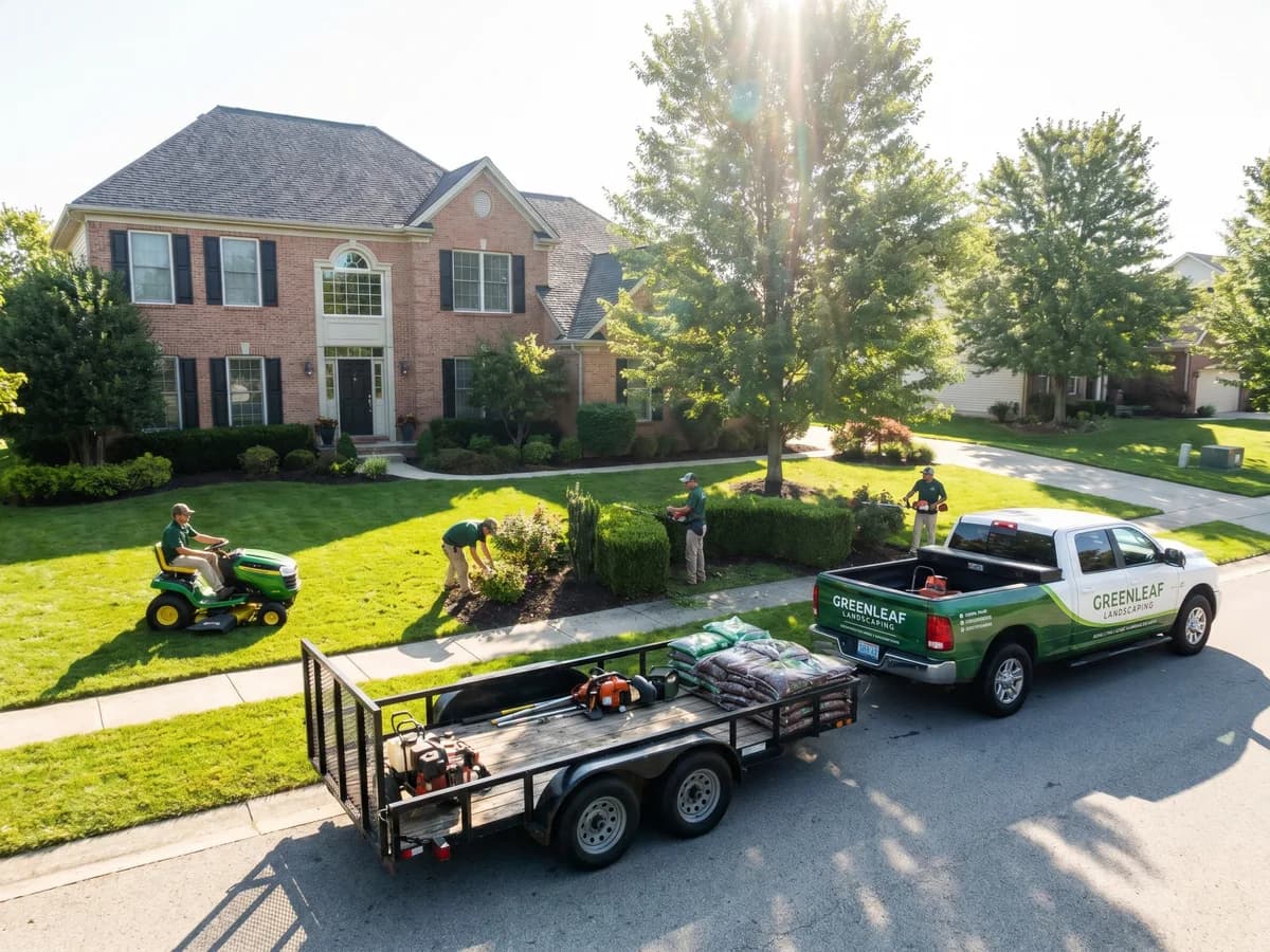 Landscape maintenance scene showing lawn care, trimming workflow, and organized service execution