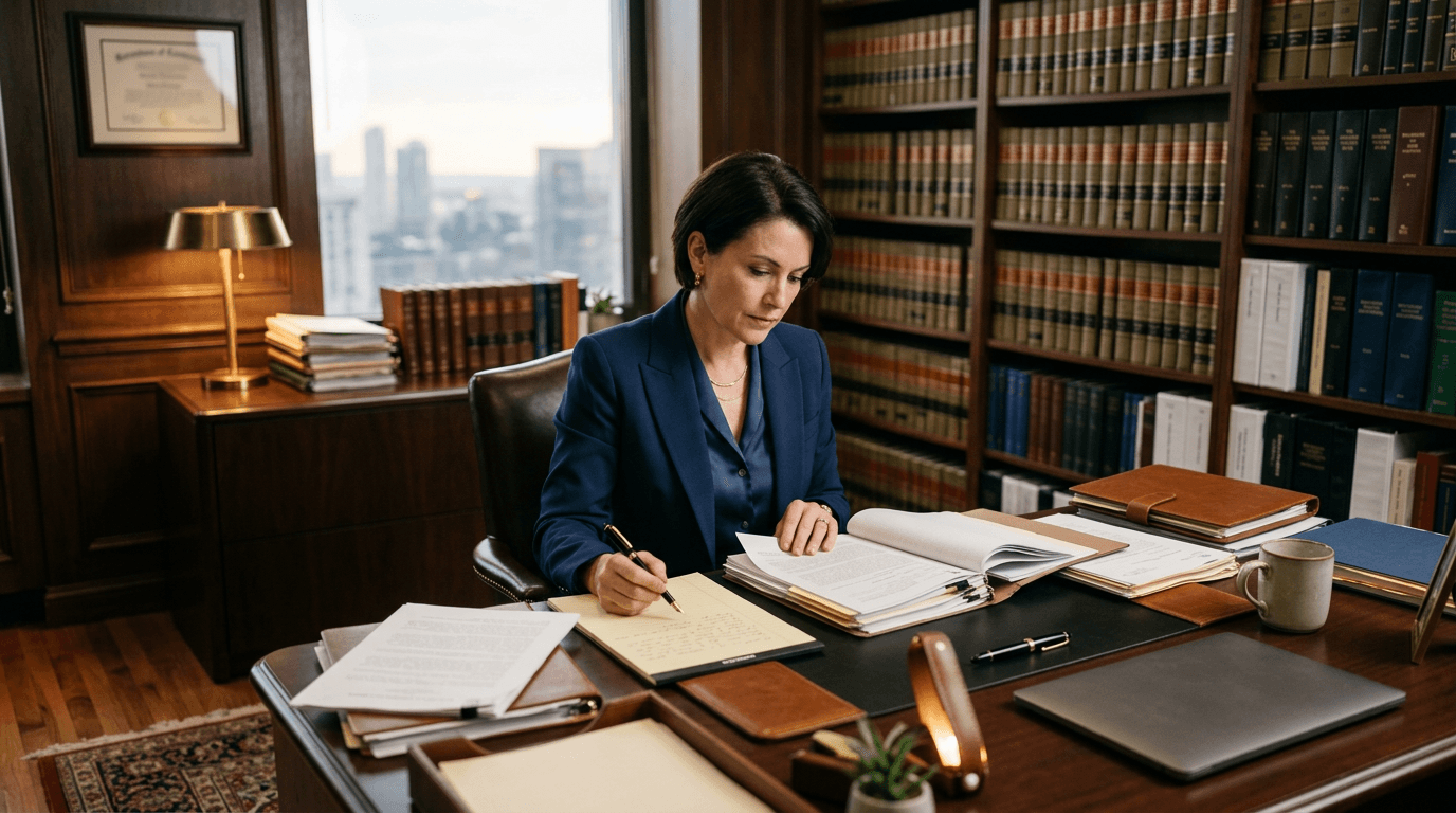 Senior lawyer in a premium office reviewing legal documents with confident navy and amber brand-inspired lighting