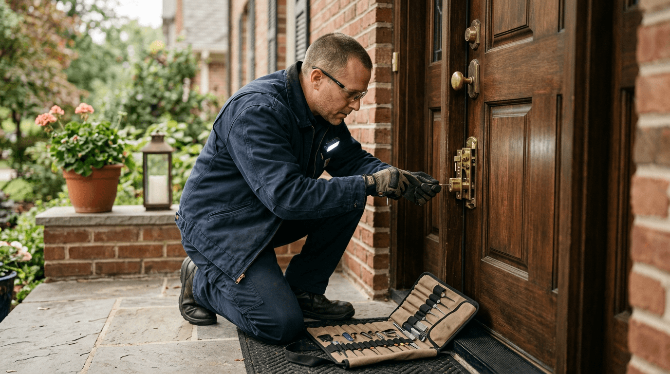 Ślusarz awaryjny otwierający nowoczesny zamek zabezpieczający precyzyjnymi narzędziami przy wejściu do domu premium