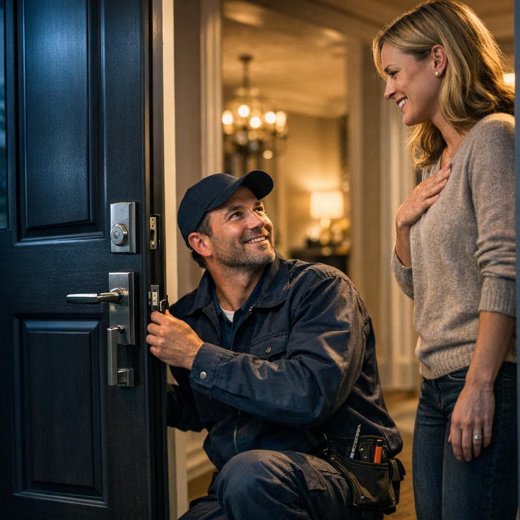 Scena szybkiej pomocy ślusarskiej z konfiguracją bezpiecznego dostępu, narzędziami i stylem granatowo-bursztynowym