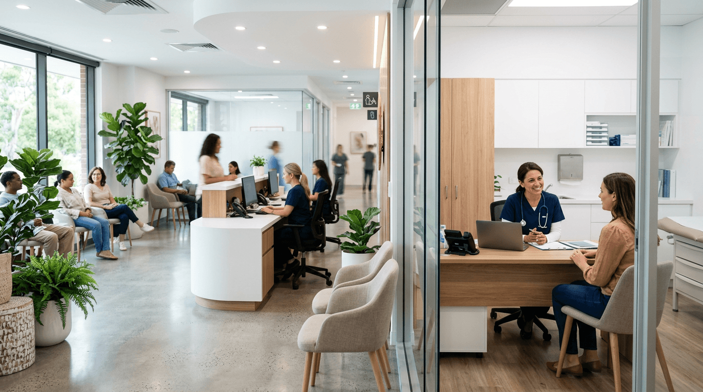 Medical clinic specialist consultation in a modern premium exam room with trust-focused patient communication