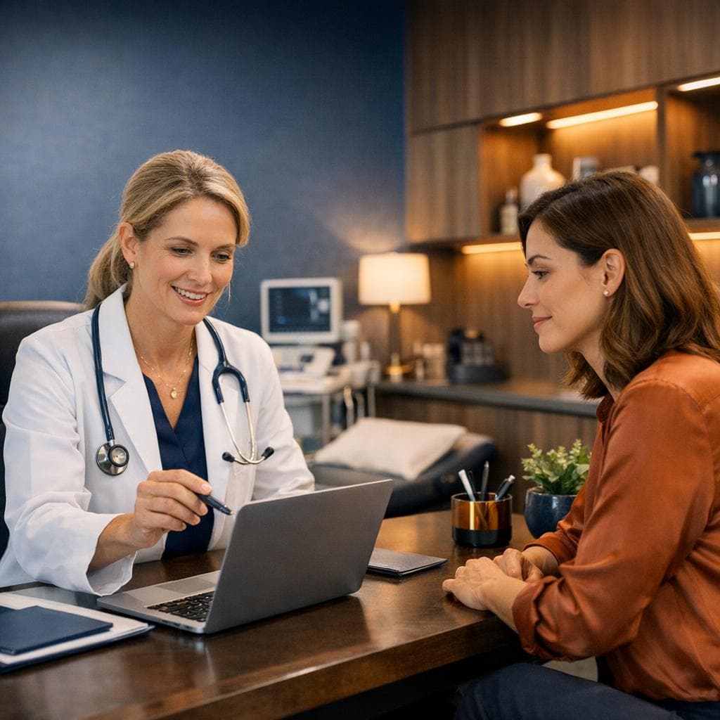 Clinical workflow scene showing patient check-in, specialist assessment, and structured care process