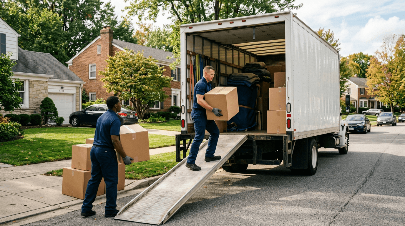 Moving crew carefully handling packed household items with coordinated logistics in a premium residential setting