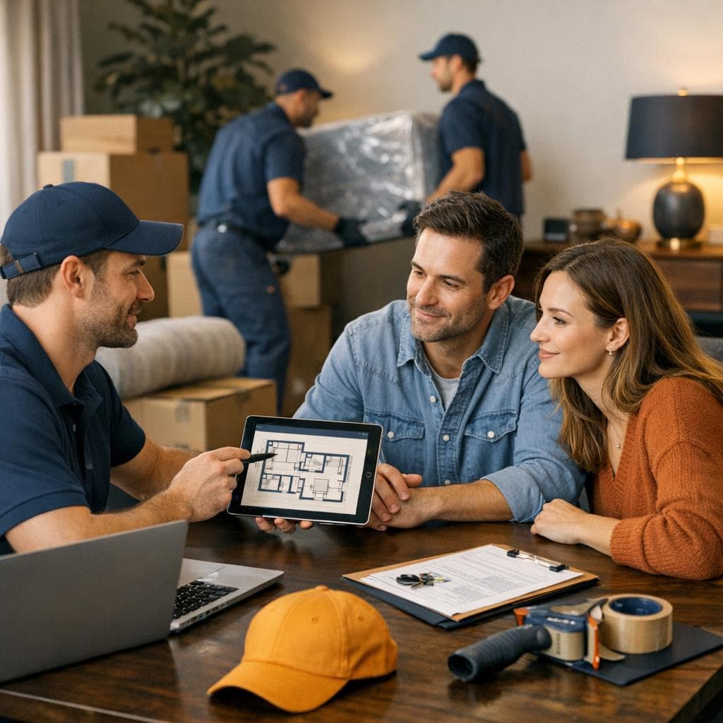 Relocation planning scene with route mapping, inventory check, and transparent service briefing