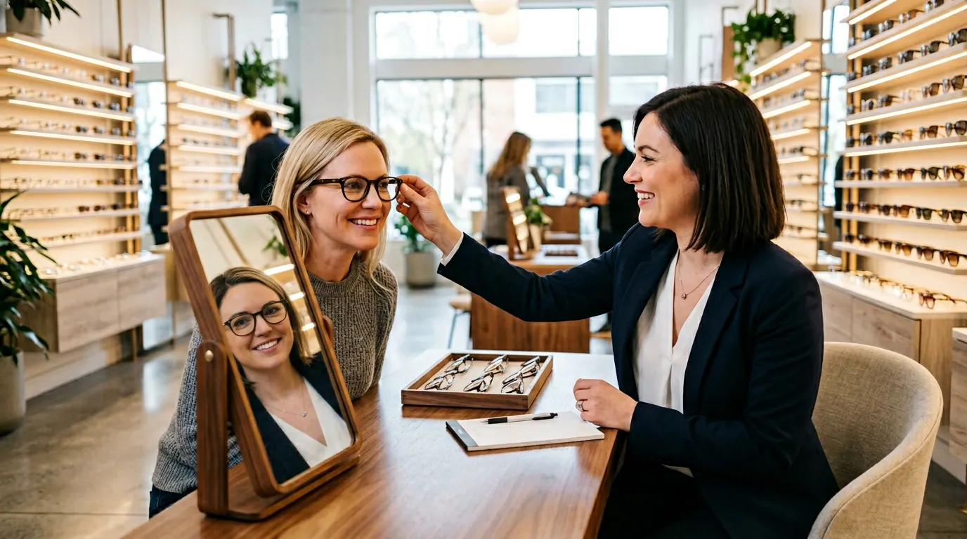 Optician consultation combining vision exam insights with personalized frame selection in a premium optical studio