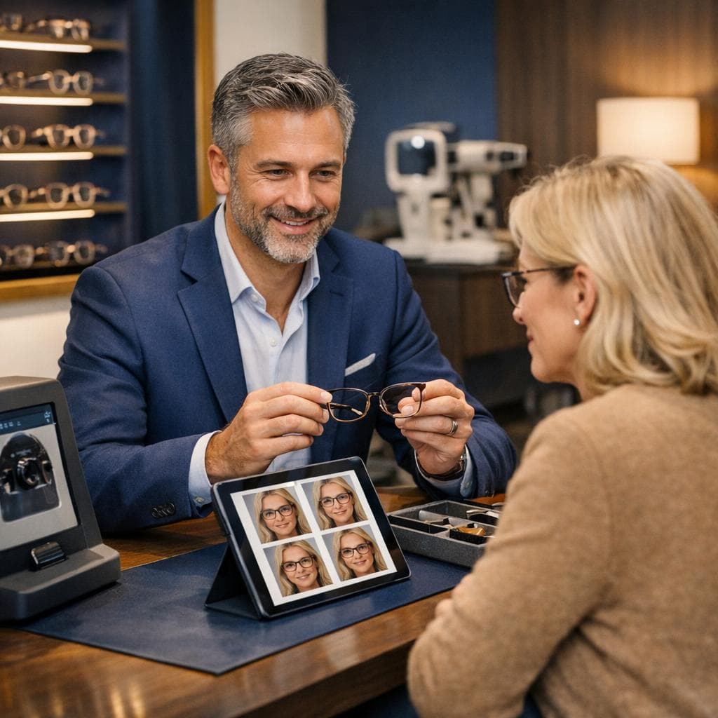 Optical clinic workflow scene showing exam booking, lens recommendation, and purchase-ready journey