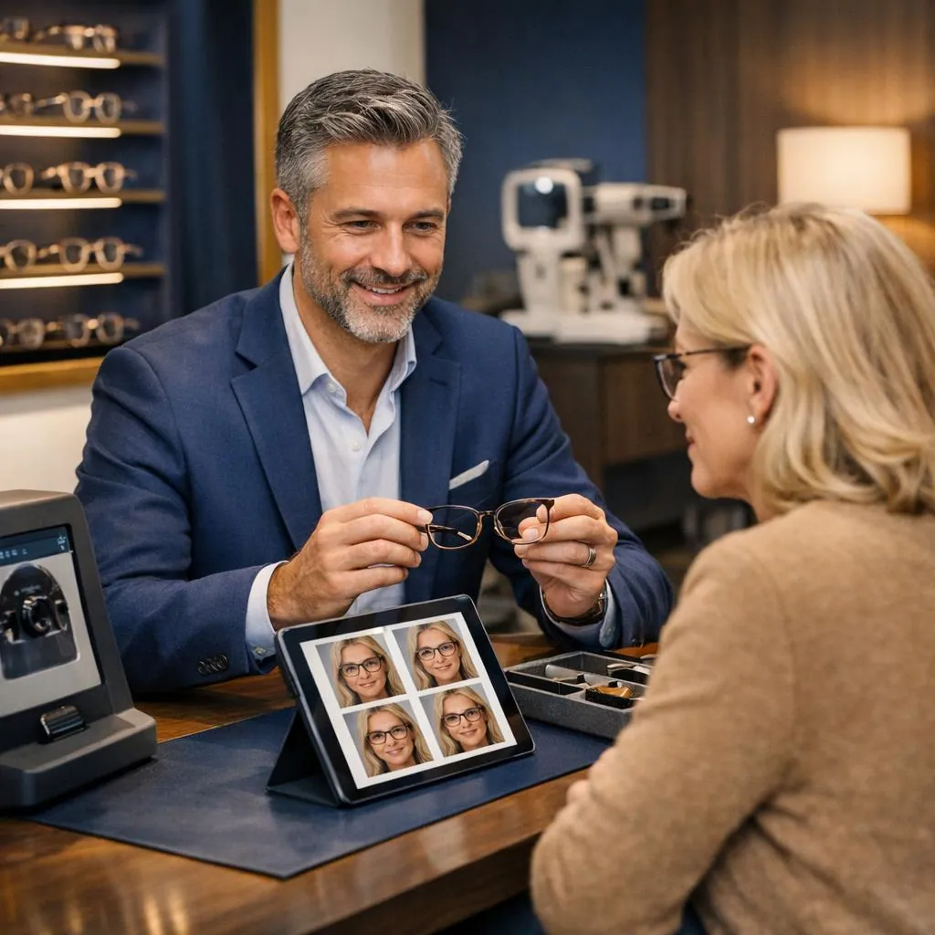 Optical clinic workflow scene showing exam booking, lens recommendation, and purchase-ready journey