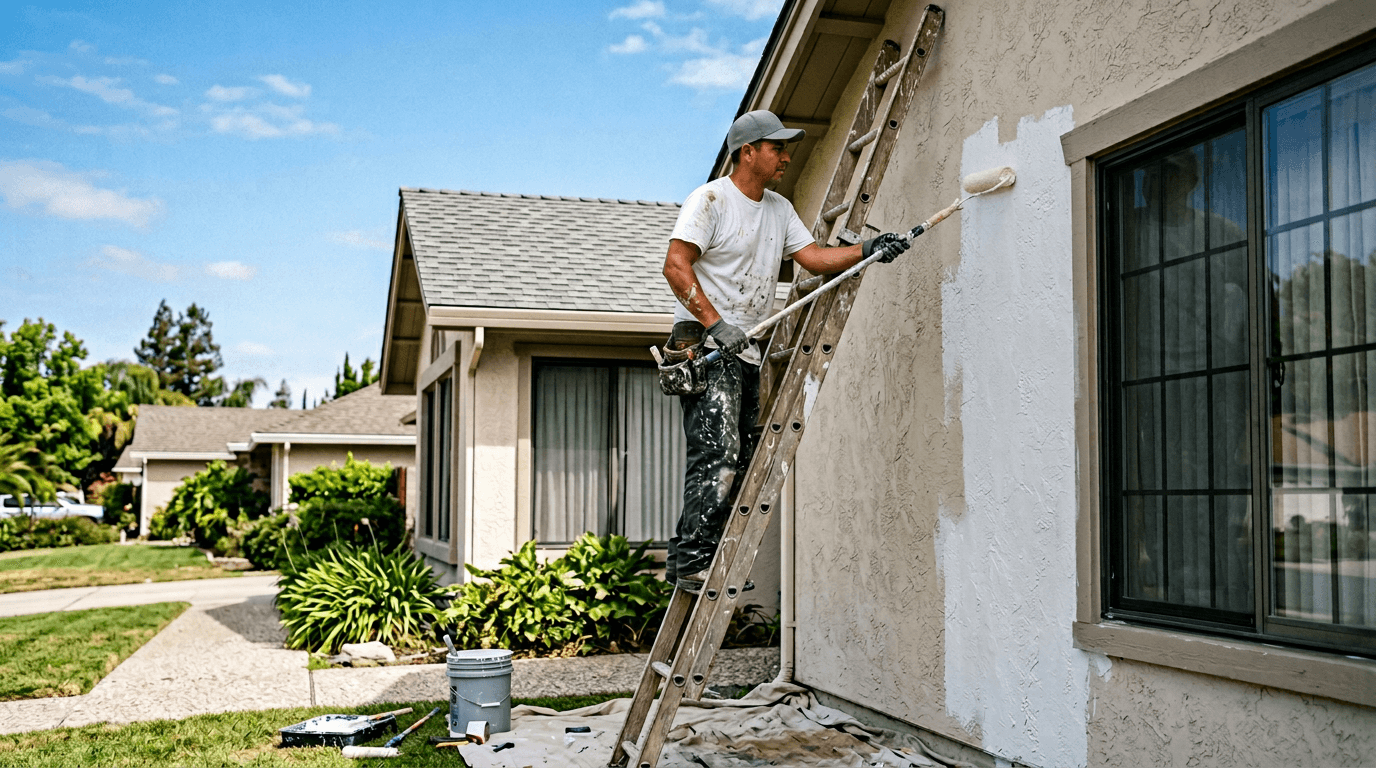Professional painter finishing a premium interior wall with precise edges and quality-control detail