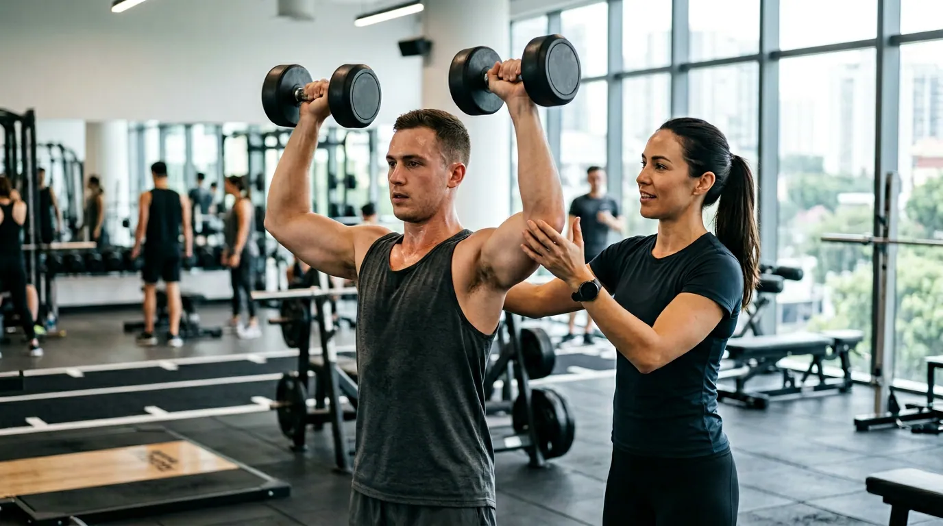 Personal trainer aligning goal-based coaching plan with a client in a focused premium training setting